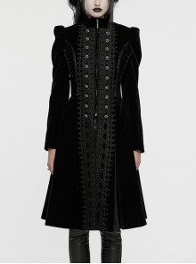 Gorgeous Black Velvet Front Center Symmetrical Lace Hand Sewn Button Design Gothic Style Long Sleeved Coat