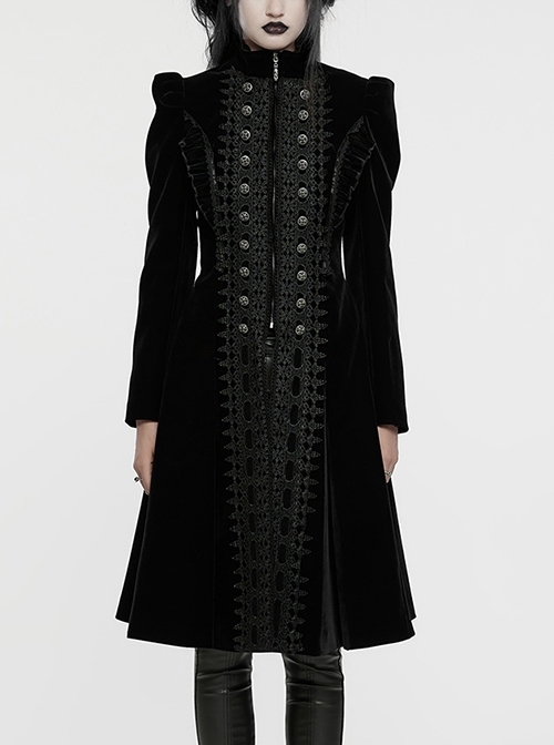 Gorgeous Black Velvet Front Center Symmetrical Lace Hand Sewn Button Design Gothic Style Long Sleeved Coat