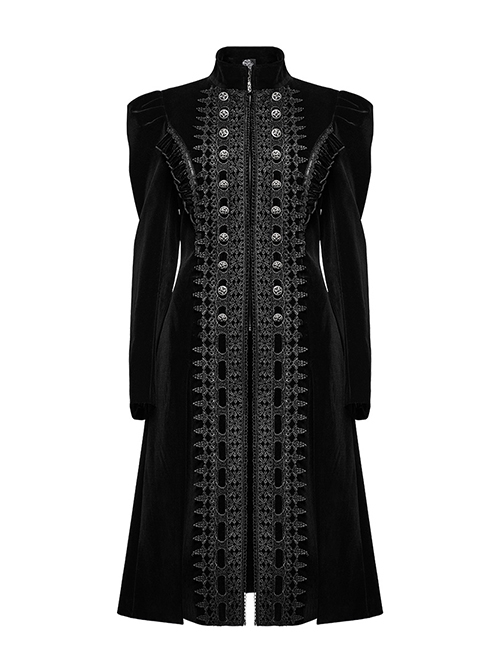 Gorgeous Black Velvet Front Center Symmetrical Lace Hand Sewn Button Design Gothic Style Long Sleeved Coat