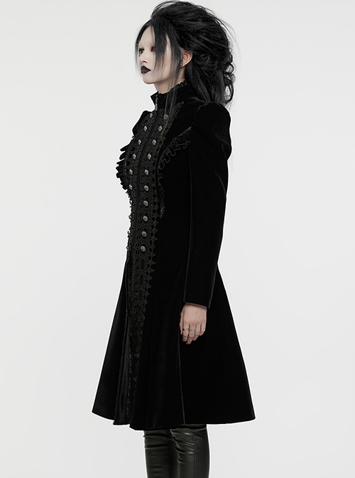 Gorgeous Black Velvet Front Center Symmetrical Lace Hand Sewn Button Design Gothic Style Long Sleeved Coat