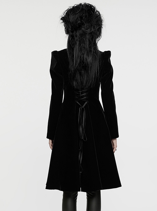 Gorgeous Black Velvet Front Center Symmetrical Lace Hand Sewn Button Design Gothic Style Long Sleeved Coat