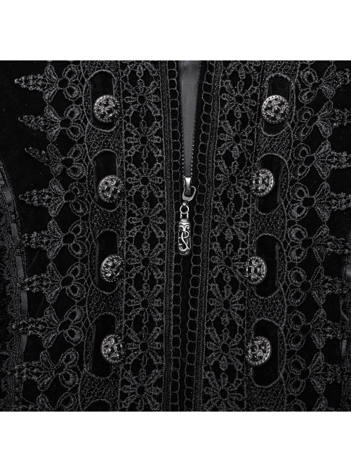 Gorgeous Black Velvet Front Center Symmetrical Lace Hand Sewn Button Design Gothic Style Long Sleeved Coat