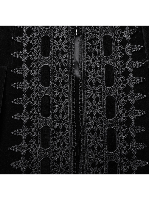Gorgeous Black Velvet Front Center Symmetrical Lace Hand Sewn Button Design Gothic Style Long Sleeved Coat