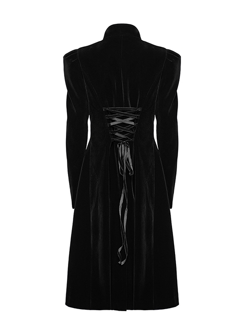 Gorgeous Black Velvet Front Center Symmetrical Lace Hand Sewn Button Design Gothic Style Long Sleeved Coat