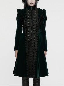 Gorgeous Black Green Velvet Front Center Symmetrical Lace Hand Sewn Button Design Gothic Style Long Sleeved Coat