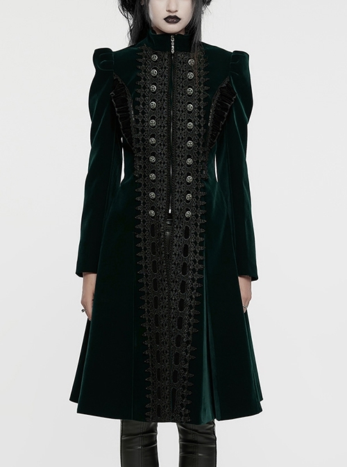 Gorgeous Black Green Velvet Front Center Symmetrical Lace Hand Sewn Button Design Gothic Style Long Sleeved Coat