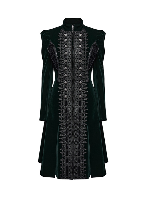 Gorgeous Black Green Velvet Front Center Symmetrical Lace Hand Sewn Button Design Gothic Style Long Sleeved Coat