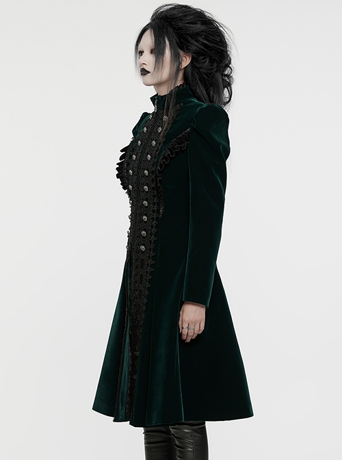 Gorgeous Black Green Velvet Front Center Symmetrical Lace Hand Sewn Button Design Gothic Style Long Sleeved Coat