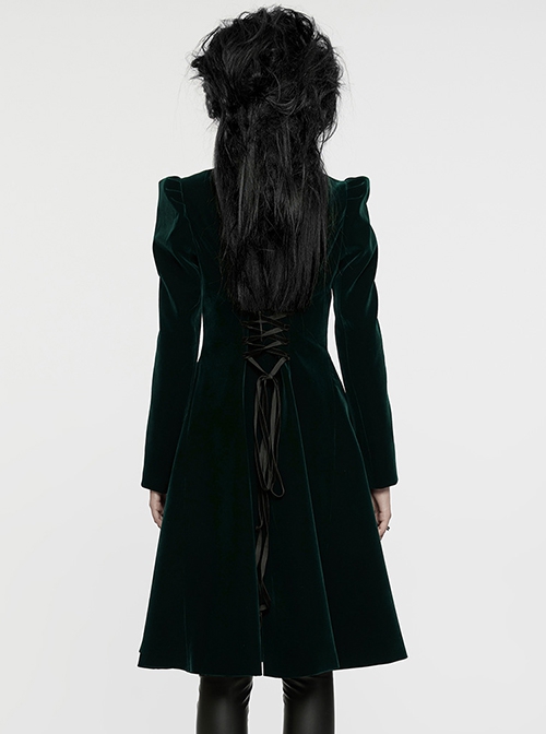 Gorgeous Black Green Velvet Front Center Symmetrical Lace Hand Sewn Button Design Gothic Style Long Sleeved Coat