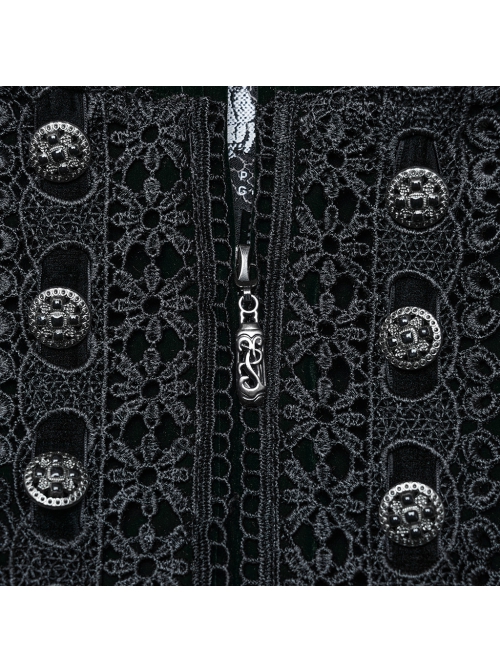 Gorgeous Black Green Velvet Front Center Symmetrical Lace Hand Sewn Button Design Gothic Style Long Sleeved Coat