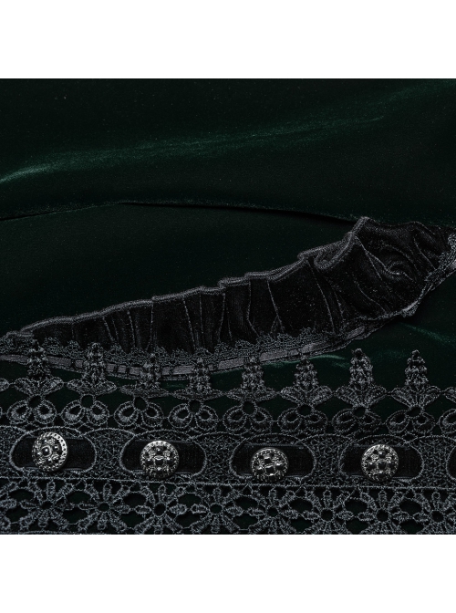 Gorgeous Black Green Velvet Front Center Symmetrical Lace Hand Sewn Button Design Gothic Style Long Sleeved Coat