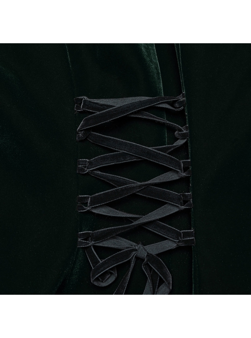 Gorgeous Black Green Velvet Front Center Symmetrical Lace Hand Sewn Button Design Gothic Style Long Sleeved Coat
