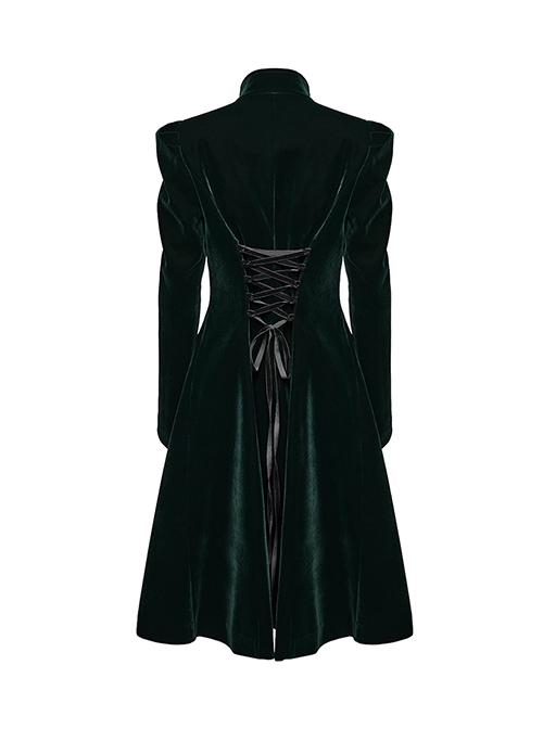 Gorgeous Black Green Velvet Front Center Symmetrical Lace Hand Sewn Button Design Gothic Style Long Sleeved Coat