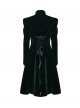 Gorgeous Black Green Velvet Front Center Symmetrical Lace Hand Sewn Button Design Gothic Style Long Sleeved Coat