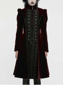 Gorgeous Black Red Velvet Front Center Symmetrical Lace Hand Sewn Button Design Gothic Style Long Sleeved Coat