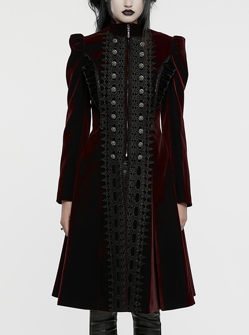 Gorgeous Black Red Velvet Front Center Symmetrical Lace Hand Sewn Button Design Gothic Style Long Sleeved Coat