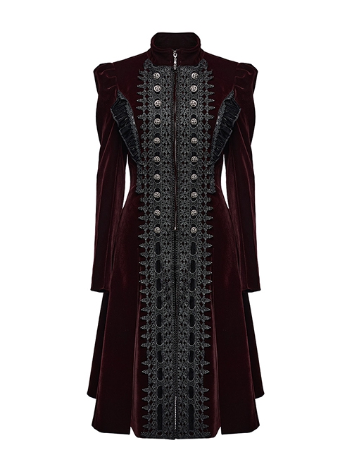 Gorgeous Black Red Velvet Front Center Symmetrical Lace Hand Sewn Button Design Gothic Style Long Sleeved Coat