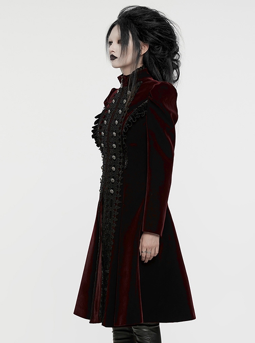 Gorgeous Black Red Velvet Front Center Symmetrical Lace Hand Sewn Button Design Gothic Style Long Sleeved Coat
