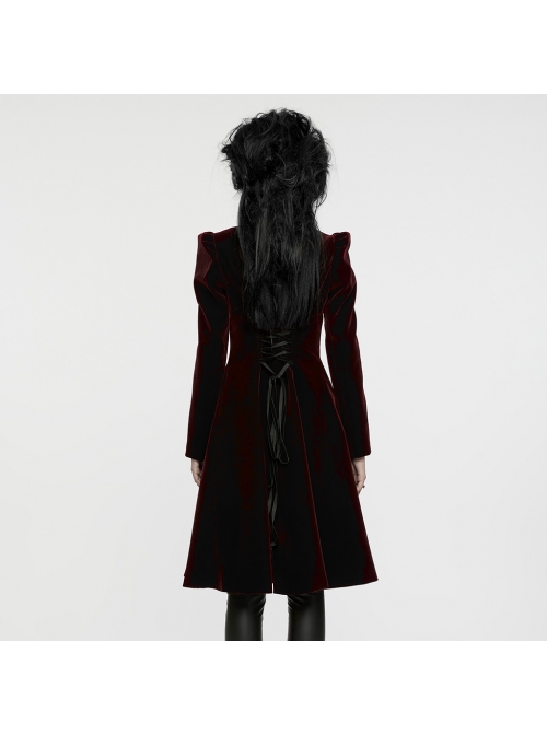 Gorgeous Black Red Velvet Front Center Symmetrical Lace Hand Sewn Button Design Gothic Style Long Sleeved Coat