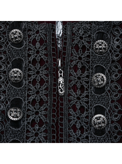Gorgeous Black Red Velvet Front Center Symmetrical Lace Hand Sewn Button Design Gothic Style Long Sleeved Coat