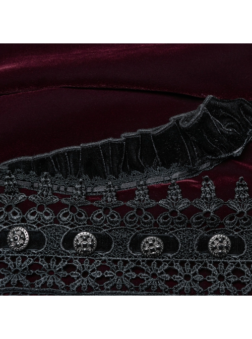 Gorgeous Black Red Velvet Front Center Symmetrical Lace Hand Sewn Button Design Gothic Style Long Sleeved Coat
