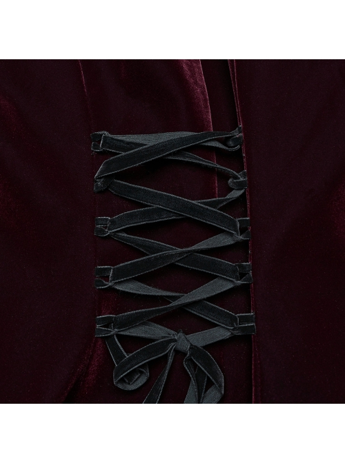 Gorgeous Black Red Velvet Front Center Symmetrical Lace Hand Sewn Button Design Gothic Style Long Sleeved Coat