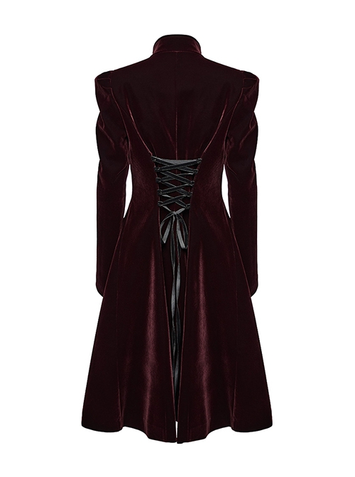 Gorgeous Black Red Velvet Front Center Symmetrical Lace Hand Sewn Button Design Gothic Style Long Sleeved Coat