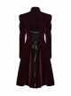 Gorgeous Black Red Velvet Front Center Symmetrical Lace Hand Sewn Button Design Gothic Style Long Sleeved Coat