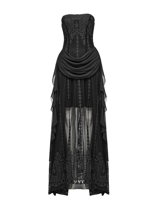 Black Three Dimensional Splicing Chiffon Fabric Front Center Beading With Layered Pleated Tulle Design Gothic Style Sleeveless Dress