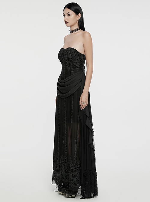 Black Three Dimensional Splicing Chiffon Fabric Front Center Beading With Layered Pleated Tulle Design Gothic Style Sleeveless Dress
