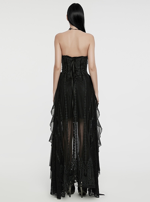 Black Three Dimensional Splicing Chiffon Fabric Front Center Beading With Layered Pleated Tulle Design Gothic Style Sleeveless Dress