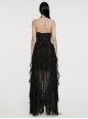 Black Three Dimensional Splicing Chiffon Fabric Front Center Beading With Layered Pleated Tulle Design Gothic Style Sleeveless Dress