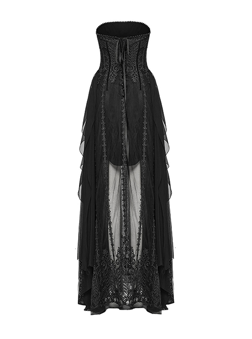 Black Three Dimensional Splicing Chiffon Fabric Front Center Beading With Layered Pleated Tulle Design Gothic Style Sleeveless Dress