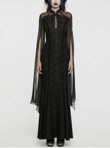 Elegant And Soft Black Stretch Printed Knitted Chiffon Fabric Hollow Chest Drawstring Design Gothic Style Adjustable Fishtail Dress