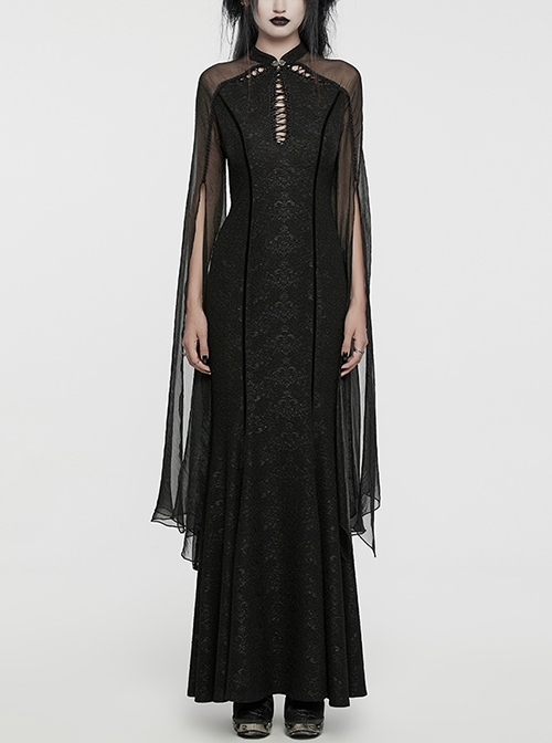 Elegant And Soft Black Stretch Printed Knitted Chiffon Fabric Hollow Chest Drawstring Design Gothic Style Adjustable Fishtail Dress
