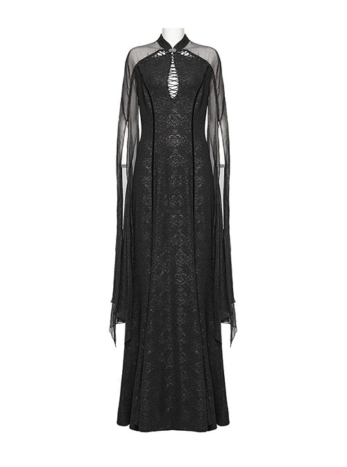 Elegant And Soft Black Stretch Printed Knitted Chiffon Fabric Hollow Chest Drawstring Design Gothic Style Adjustable Fishtail Dress