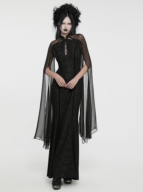 Elegant And Soft Black Stretch Printed Knitted Chiffon Fabric Hollow Chest Drawstring Design Gothic Style Adjustable Fishtail Dress