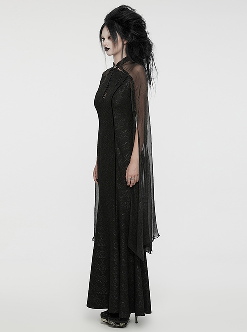 Elegant And Soft Black Stretch Printed Knitted Chiffon Fabric Hollow Chest Drawstring Design Gothic Style Adjustable Fishtail Dress