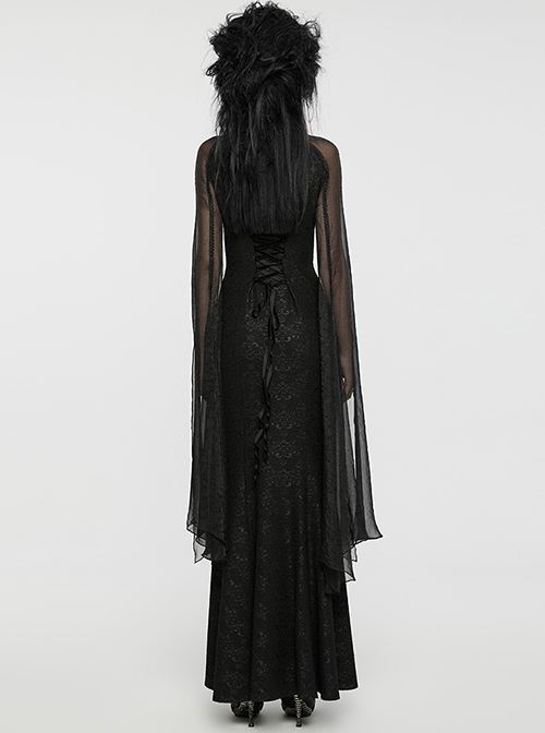 Elegant And Soft Black Stretch Printed Knitted Chiffon Fabric Hollow Chest Drawstring Design Gothic Style Adjustable Fishtail Dress