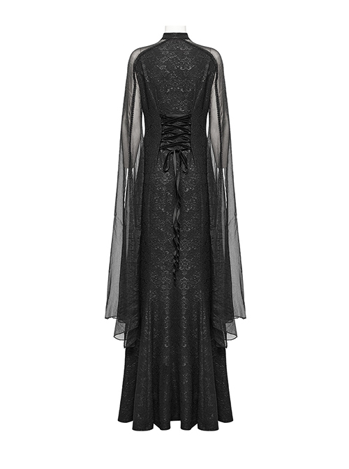 Elegant And Soft Black Stretch Printed Knitted Chiffon Fabric Hollow Chest Drawstring Design Gothic Style Adjustable Fishtail Dress