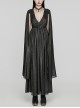 Lightweight And Elegant Black Printed Chiffon Shoulder Applique Adjustable Back Waist Drawstring Gothic Style V Neck Dress