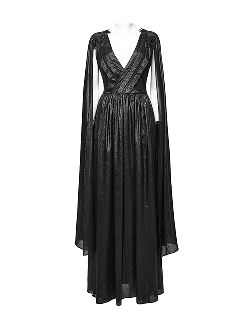 Lightweight And Elegant Black Printed Chiffon Shoulder Applique Adjustable Back Waist Drawstring Gothic Style V Neck Dress