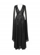 Lightweight And Elegant Black Printed Chiffon Shoulder Applique Adjustable Back Waist Drawstring Gothic Style V Neck Dress