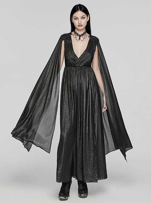 Lightweight And Elegant Black Printed Chiffon Shoulder Applique Adjustable Back Waist Drawstring Gothic Style V Neck Dress