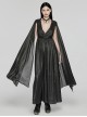 Lightweight And Elegant Black Printed Chiffon Shoulder Applique Adjustable Back Waist Drawstring Gothic Style V Neck Dress
