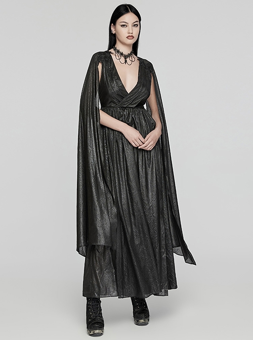 Lightweight And Elegant Black Printed Chiffon Shoulder Applique Adjustable Back Waist Drawstring Gothic Style V Neck Dress
