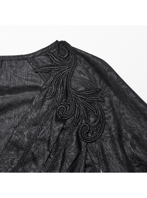 Lightweight And Elegant Black Printed Chiffon Shoulder Applique Adjustable Back Waist Drawstring Gothic Style V Neck Dress