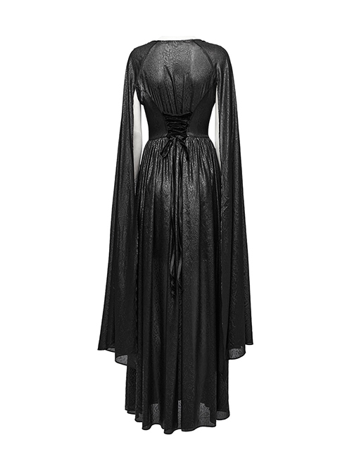 Lightweight And Elegant Black Printed Chiffon Shoulder Applique Adjustable Back Waist Drawstring Gothic Style V Neck Dress