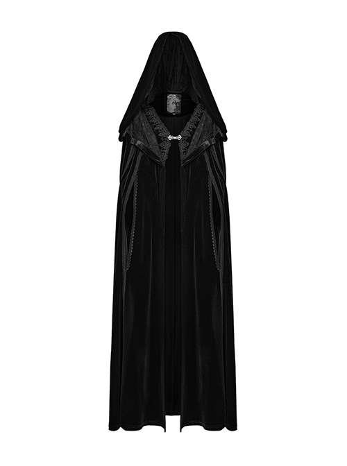 Black Soft Velvet Lace Lining Front Center Vest Lace Design Gothic Style Hooded Lapel Cloak