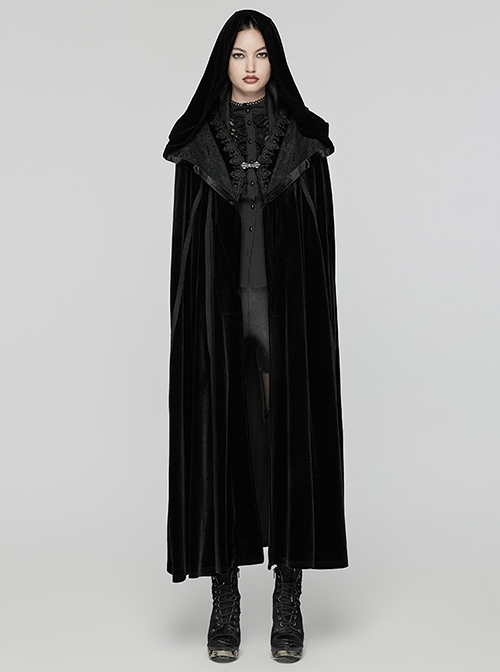 Black Soft Velvet Lace Lining Front Center Vest Lace Design Gothic Style Hooded Lapel Cloak
